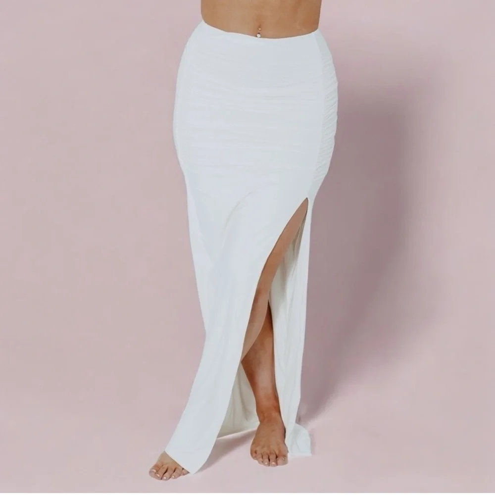Ruched‎ Midi Skirt Brown Bodycon Slit Sexy Cocktail Party Club Wear